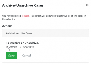 Screen shot: The Archive/Unarchive Cases dialog box.