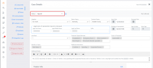 Screen shot: A case opened to the Case Details tab, with the Status field highlighted.