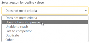 Screen shot: The list of options for the Select reason for decline/close field.