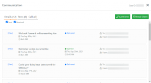Screen shot: The Communication tab showing logged email communications.