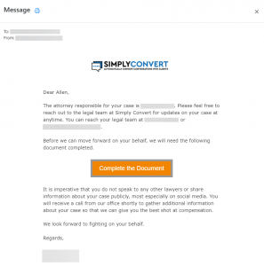 Screen shot: An outgoing email message created by SimplyConvert.