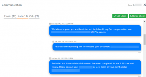 Screen shot: The Communication tab showing logged outgoing text messages.