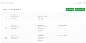 Screen shot: The Communication tab showing logged outgoing phone calls.