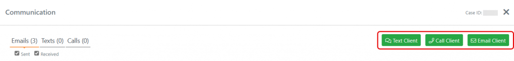 Screen shot: The text, call, and email contact buttons highlighted on the Communication tab.