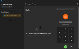 Screen shot: The Phone Link app's Calls screen, ready to place a call via the computer.