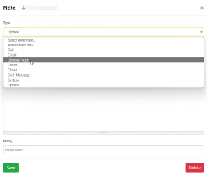 Screen shot: The options in the Type list of the Note dialog box.
