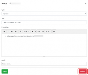 Screen shot: The Note dialog box with the Delete button highlighted.