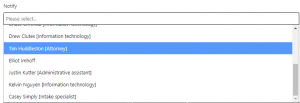 Screen shot: The list of names for the Notify field of the Note dialog box.