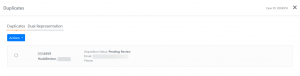 Screen shot: The Duplicates tab, showing the first of two duplicate cases.