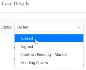 Screen shot: Choosing the Closed option from the Status field on the Case Details tab.