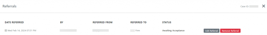 Screen shot: A card on the Referrals tab, providing actions that can be taken on the referral.