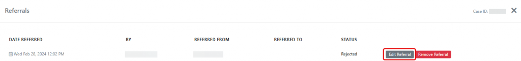 Screen shot: The card for a referral, with the Edit Referral button highlighted.