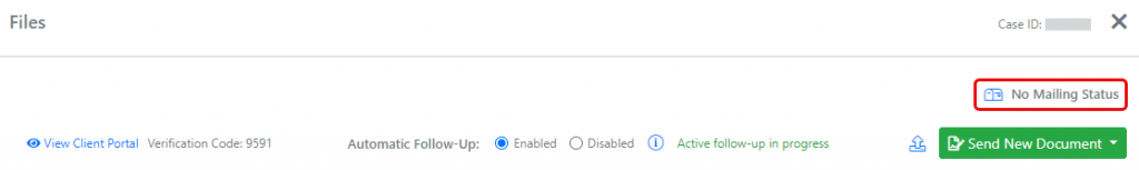 Screen shot: A document's mailing status, shown on the Files tab for a case.
