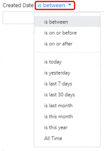 Screen shot: The list of date type options in the Created Date filter.