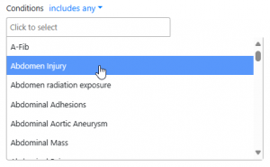 Screen shot: The list of available conditions in the Conditions field.