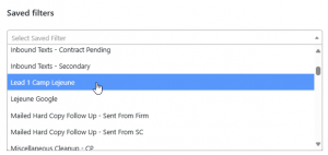Screen shot: Selecting a previously saved filter from a list of filters.