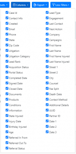 Screen shot: The Columns button's list of columns to view or hide.