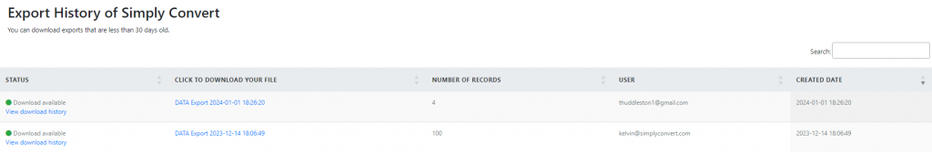 Screen shot: The Export History window.