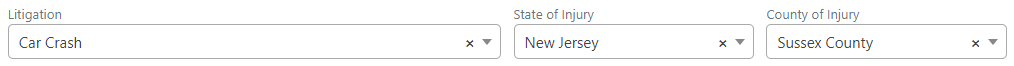 Screen shot: The Litigation, State of Injury, and County of Injury fields on the Case Details tab.