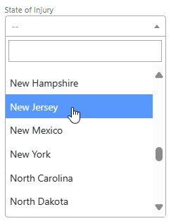 Screen shot: The options for the State of Injury field on the Case Details tab.