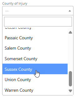 Screen shot: Options for the County of Injury field on the Case Details tab.